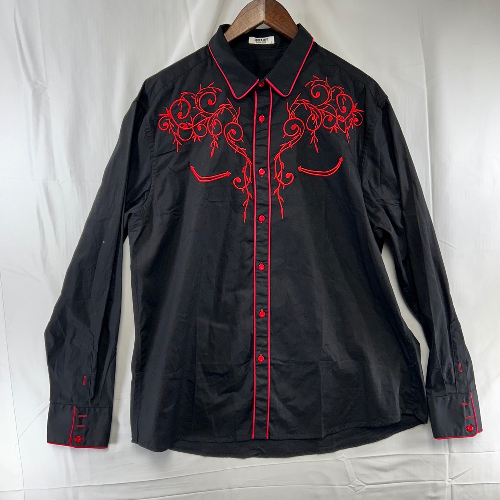 COOFANDY Western Shirt Mens XL Black Red Embroidered Long Sleeve Button Up